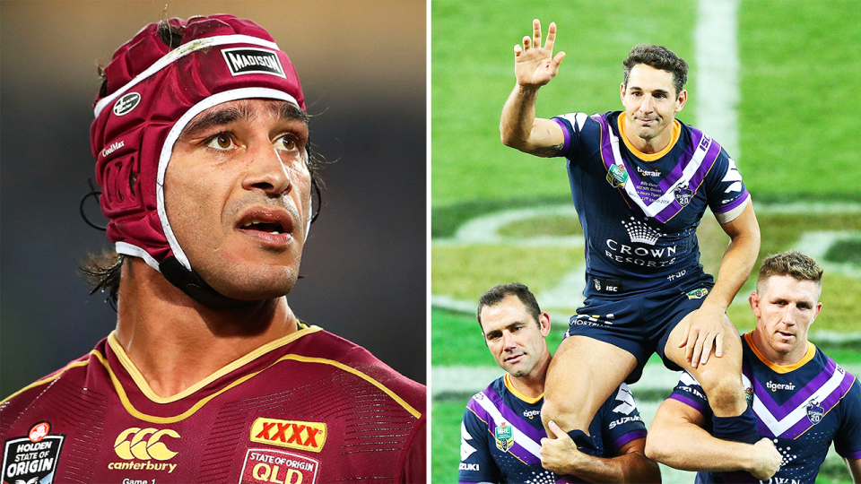 Johnathan Thurston reacting during State of Origin and Cameron Thurston carrying Billy Slater.