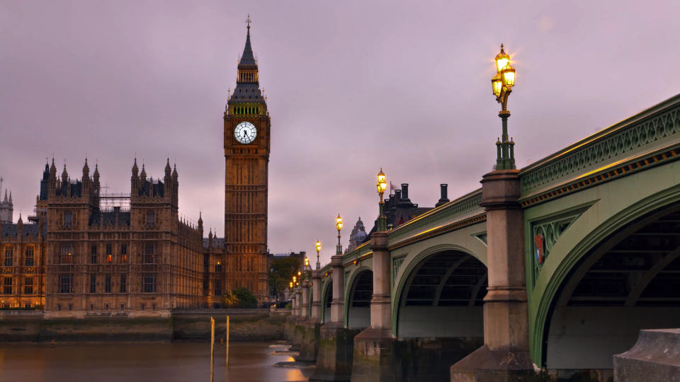 Westminster bridge and Elizabeth tower Big Ben view at the sunset, London England