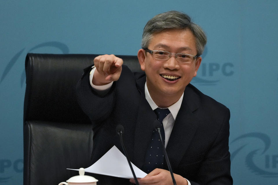 Director General of the Foreign Ministry's European Department Wang Lutong gestures during a press conference at the Ministry of Foreign Affairs office after a meeting between the leaders of China and the European Union in Beijing, Thursday, Dec. 7, 2023. (AP Photo/Andy Wong)