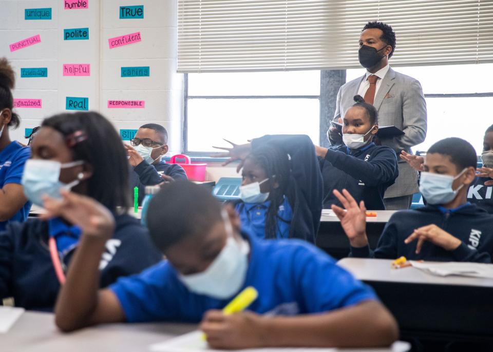 CEO of KIPP Memphis Public Schools, Dr. Antonio Burt, visits classrooms at KIPP Memphis Collegiate Elementary on Wednesday, Nov. 10, 2021.