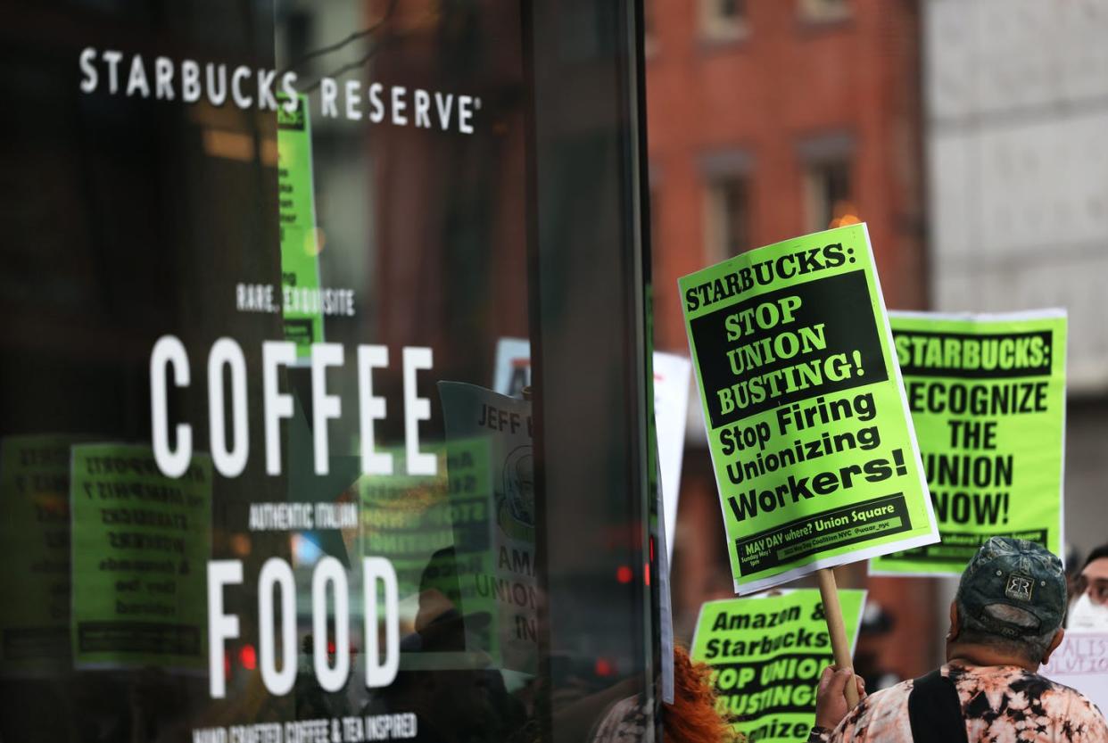 <span class="caption">A long-brewing dispute?</span> <span class="attribution"><a class="link " href="https://www.gettyimages.com/detail/news-photo/people-hold-signs-while-protesting-in-front-of-starbucks-on-news-photo/1391508710?adppopup=true" rel="nofollow noopener" target="_blank" data-ylk="slk:Michael M. Santiago/Getty Images;elm:context_link;itc:0;sec:content-canvas">Michael M. Santiago/Getty Images</a></span>