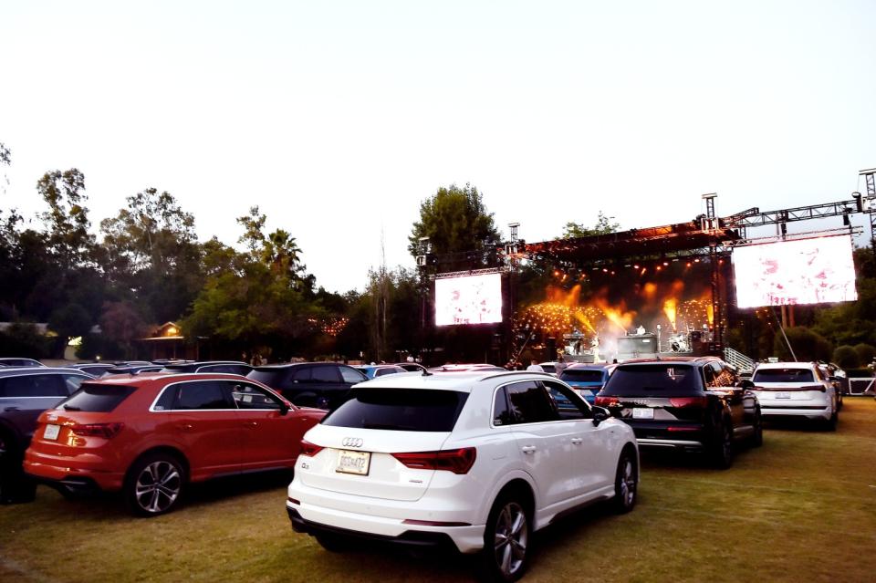 Cars are lined up for Audi Presents: Summer Drive-in Concert featuring Kehlani at Calamigos Ranch in Malibu.