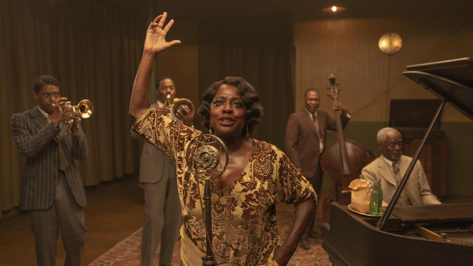This image released by Netflix shows Chadwick Boseman, from left, Colman Domingo, Viola Davis, Michael Potts and Glynn Turman in "Ma Rainey's Black Bottom." On Friday, Feb. 26, Netflix released a study it commissioned from top academic researchers that shows the streaming giant is outpacing much of the film industry in the inclusivity of its original films and television series. (David Lee/Netflix via AP)
