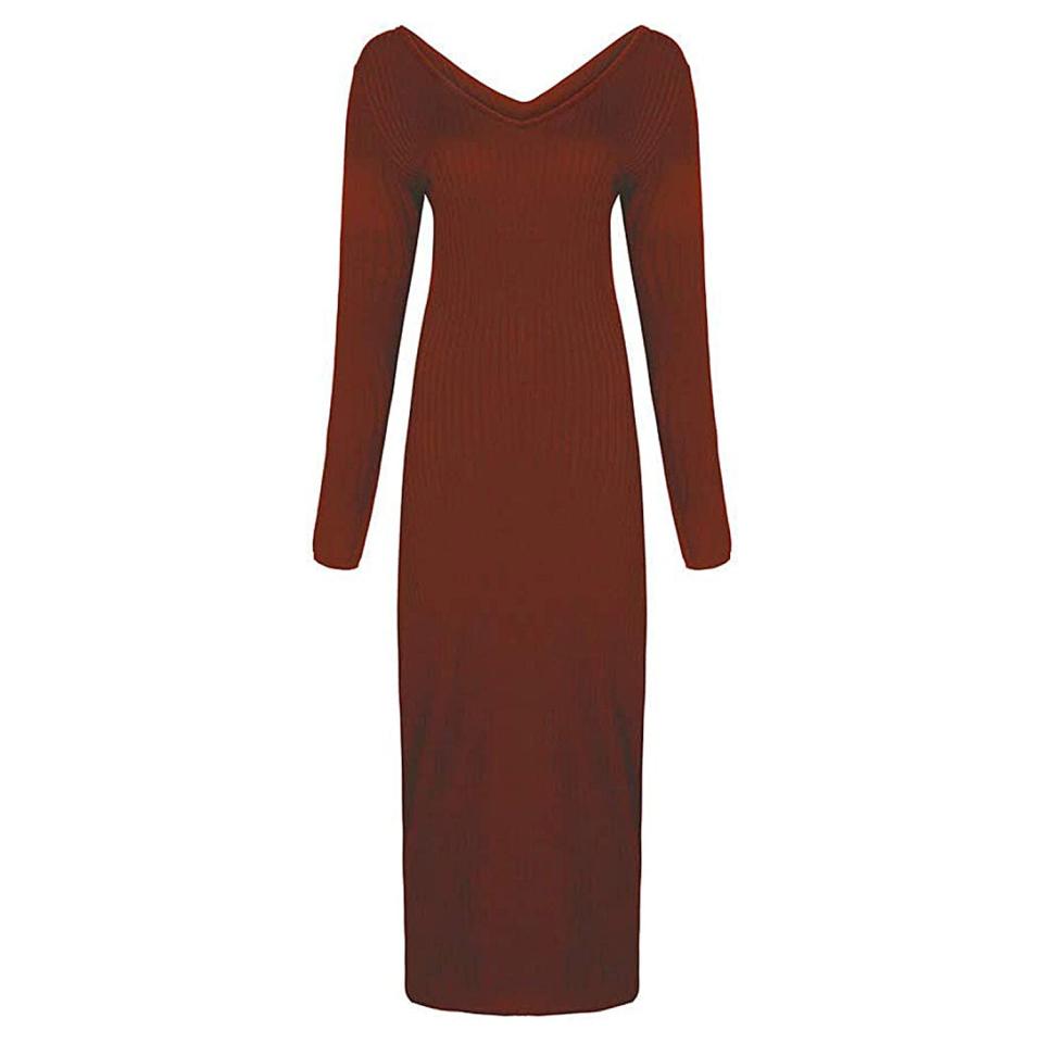 Zyyfly Women Fall Sexy V Neck Knit Long Sleeve Solid Ribbed Bodycon Midi Dress