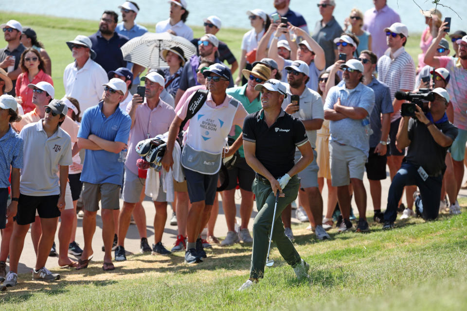 MCKINNEY, TEXAS - MAY 15: Justin Thomas plays a shot out of the rough on the 16th hole during the final round of the PGA Tour AT&T Byron Nelson at TPC Craig Ranch on May 15, 2022 in McKinney, Texas. (Photo by Gregory Shamus/Getty Images)