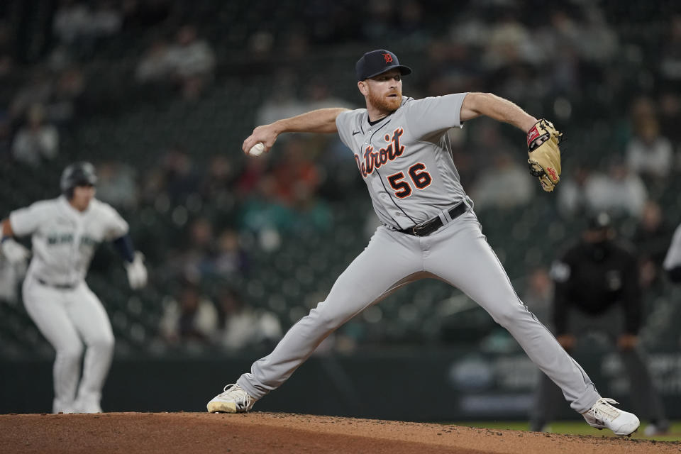 Detroit Tigers starting pitcher Spencer Turnbull throws to a Seattle Mariners batter during the fourth inning of a baseball game Tuesday, May 18, 2021, in Seattle. (AP Photo/Ted S. Warren)
