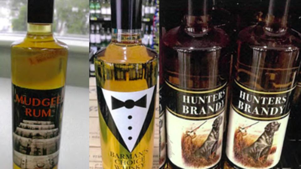 GJ Wholesale's Mudgee Rum, Barman's Choice Whiskey and Hunters Brandy have been recalled. Images for Yachtsman White Rum and Her Choice Gin not provided. Source: Food Standards Australia/NZ