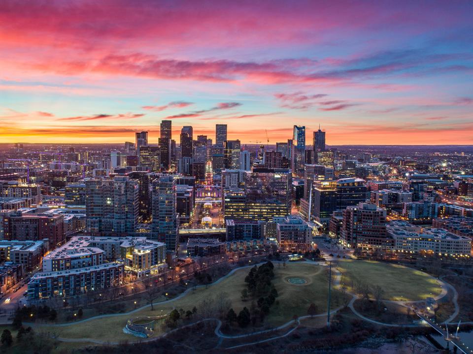 Downtown Denver, Colorado, USA Drone Skyline Aerial Panorama