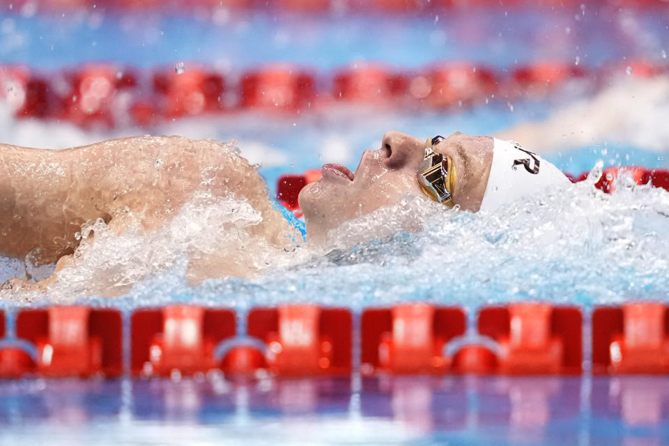Leon Marchand of France competes during the men's 200m individual medley final at the World Swimming Championships in Fukuoka, Japan, Thursday, July 27, 2023. (AP Photo/Eugene Hoshiko)