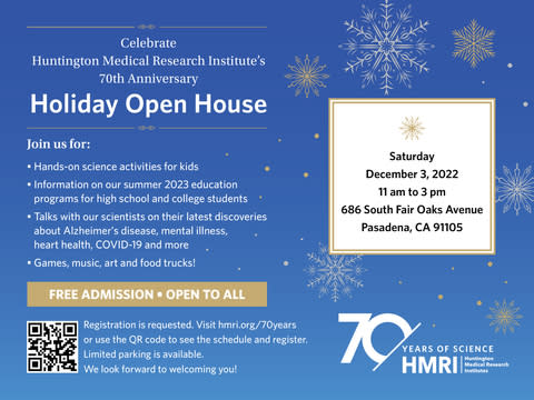 Huntington Medical Research Institutes to Host Holiday Open House Commemorating 70th Anniversary