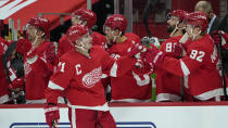 Detroit Red Wings center Dylan Larkin (71) celebrates his goal against the Carolina Hurricanes in the third period of an NHL hockey game Saturday, Jan. 16, 2021, in Detroit. (AP Photo/Paul Sancya)