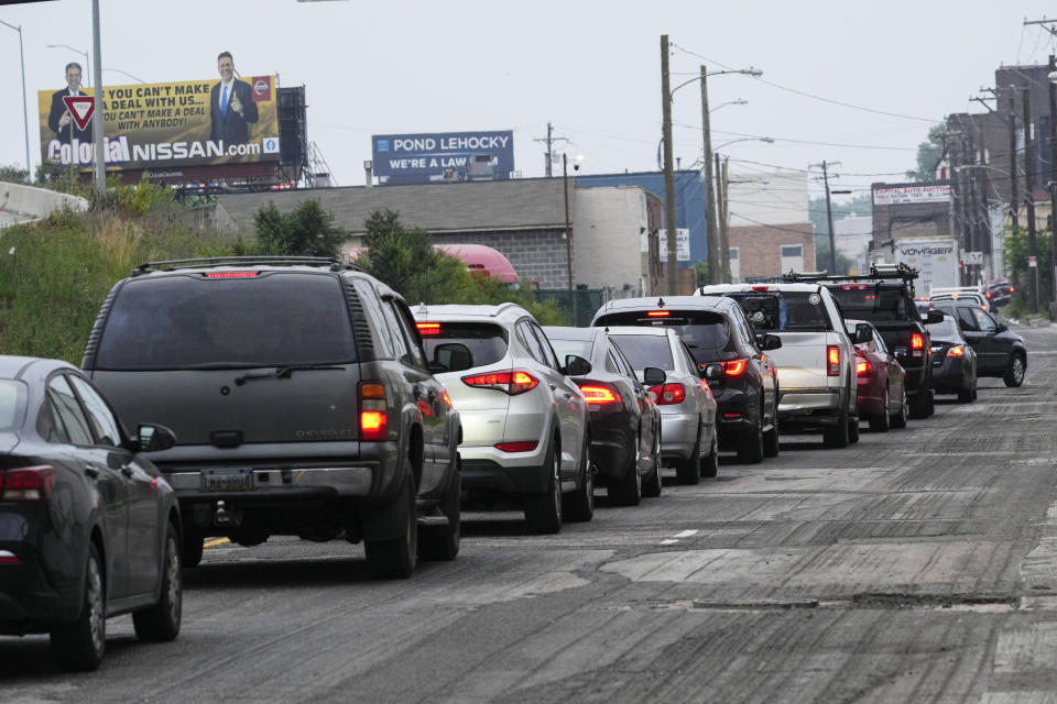 Traffic barely moves in a neighborhood near an elevated section of Interstate 95 that collapsed, in Philadelphia, Monday, June 12, 2023. (AP Photo/Matt Rourke)