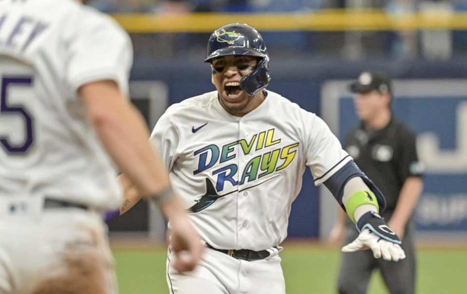 Tampa Bay Rays' Isaac Paredes celebrates after hitting a two-run winning single to defeat the Pittsburgh Pirates during the ninth inning of a baseball game Saturday, June 25, 2022, in St. Petersburg, Fla. (AP Photo/Steve Nesius)