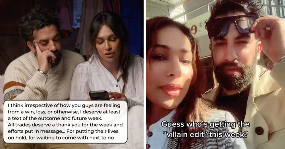 L: The Block couple Sharon and Ankur reading out a text message from their builder. R: A screenshot of Sharon's TikTok which says 'Guess who's getting the 'villain edit' this week?'