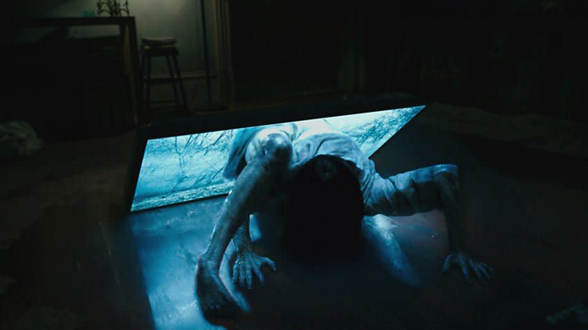 Samara (Bonnie Morgan) is so impossibly slim that she crawls out of a TV in "Rings". Credit: Golden Village Cinemas