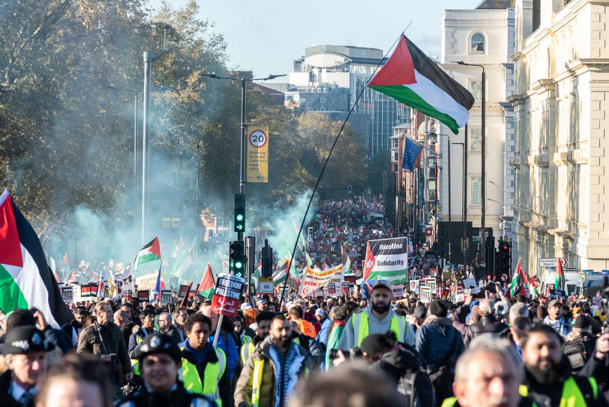Pro Palestine rally, National Demonstration for Palestine taking place on Armistice Day in London, UK, crossing Vauxhall Bridge