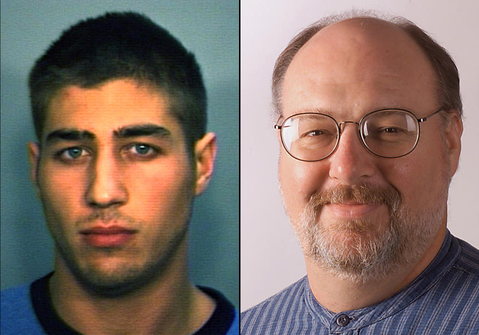 FILE - This combination of undated file photos shows Ryan Ferguson, left, and Kent Heitholt, right. An attorney for a Ferguson, whose conviction in the slaying of Missouri sports editor Kent Heitholt was overturned, has filed a civil rights lawsuit seeking $100 million. (AP Photo/File)