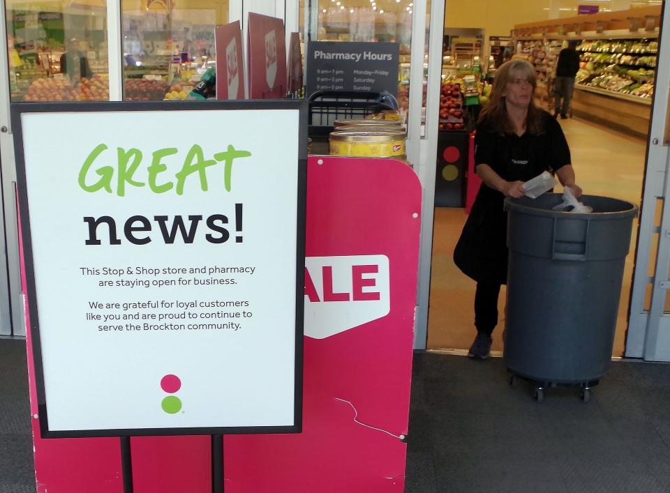 Stop & Shop on North Monetllo Street in Brockton, on Monday, April 10, 2023, put a sign in its foyer announcing that the store will remain in business.