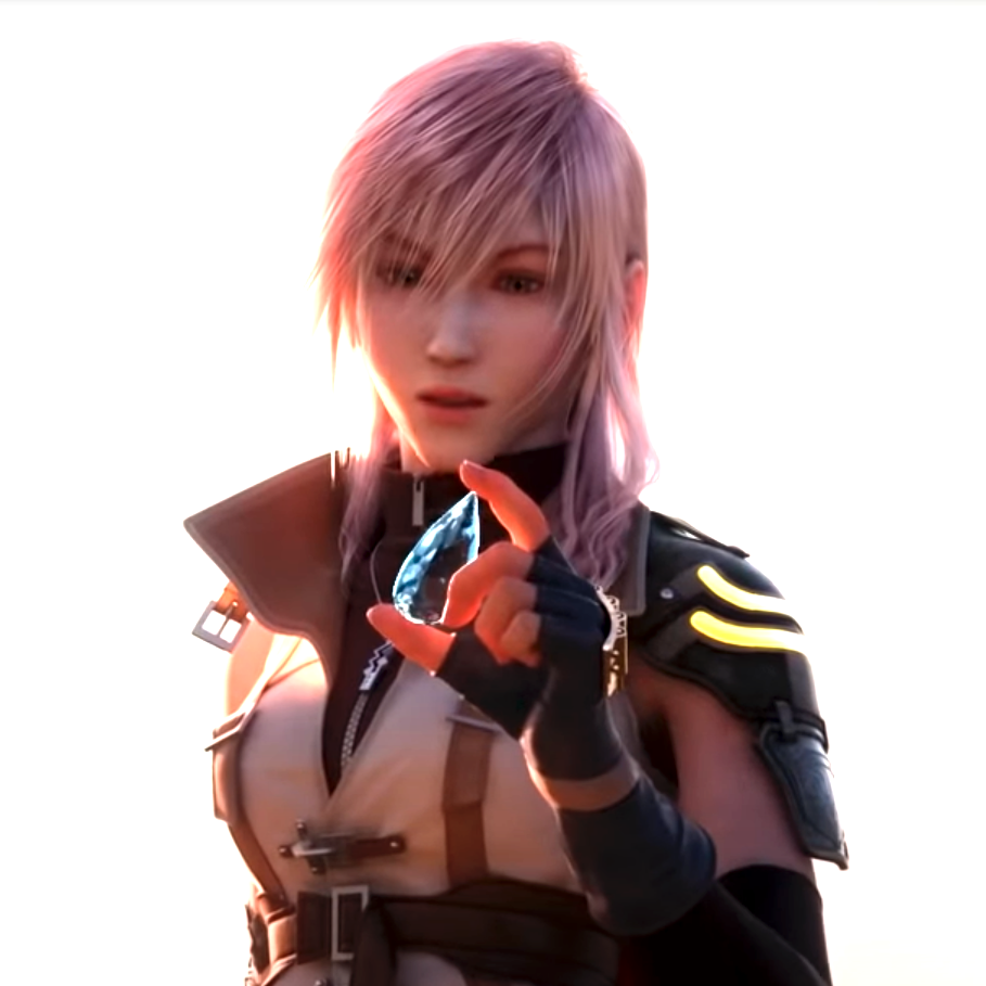 Lightning from Final Fantasy XIII reaching out with a determined expression. She has pink hair and is dressed in a leather outfit