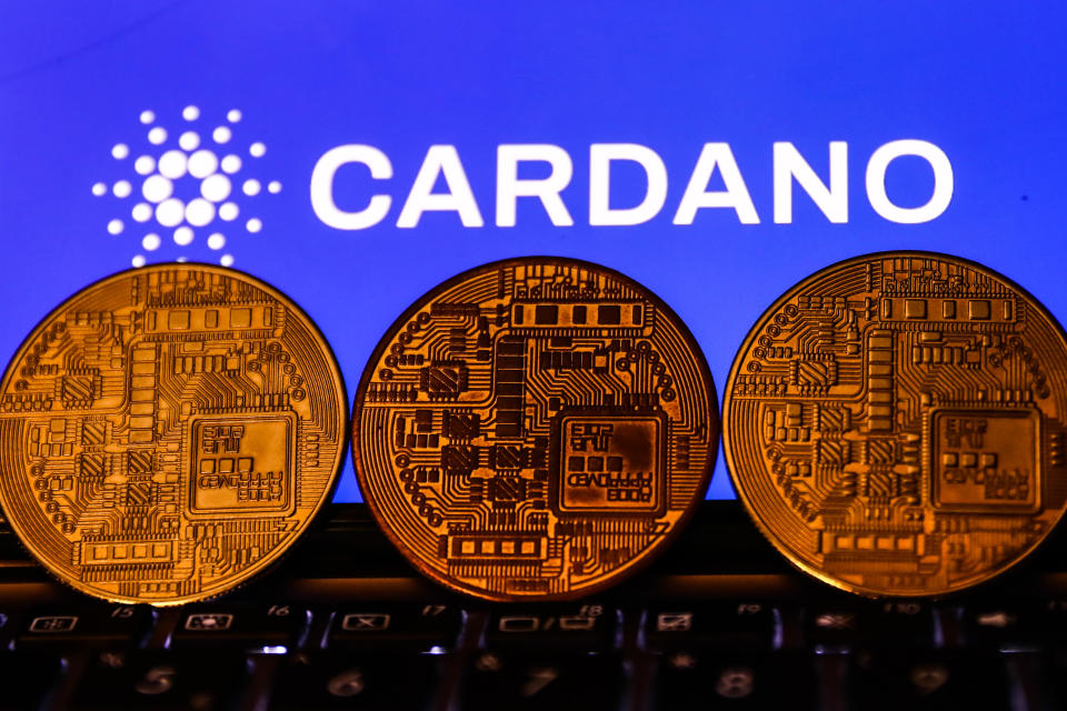 Cardano cryptocurrency logo displayed on a phone screen and representation of cryptocurrency are seen in this illustration photo taken in Krakow, Poland on November 2, 2021. (Photo by Jakub Porzycki/NurPhoto via Getty Images)