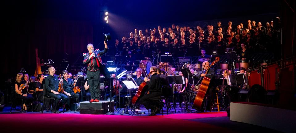 Joseph Caulkins, artistic director of Key Chorale, dresses as a ringmaster to lead the chorus and an orchestra during performances of Cirque des Voix.