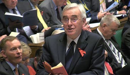 A still image from video shows Britain's shadow Chancellor of the Exchequer John McDonnell quoting from Mao's Little Red Book, after Chancellor George Osborne's delivery of the Autumn Statement to Parliament in London, Britain November 25, 2015. REUTERS/UK Parliament via REUTERS TV