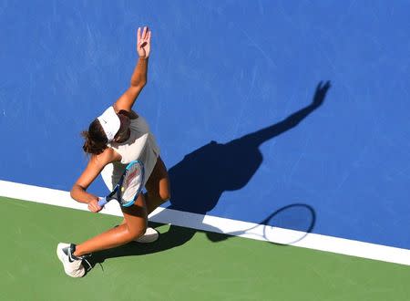 Sept 1, 2018; New York, NY, USA; Madison Keys of the USA hits to Aleksandra Krunic of Serbia in a third round match on day six of the 2018 U.S. Open tennis tournament at USTA Billie Jean King National Tennis Center. Mandatory Credit: Robert Deutsch-USA TODAY Sports