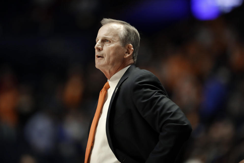 Tennessee head coach Rick Barnes watches the action in the second half of an NCAA college basketball game Mississippi State at the Southeastern Conference tournament Friday, March 15, 2019, in Nashville, Tenn. Tennessee won 83-76. (AP Photo/Mark Humphrey)