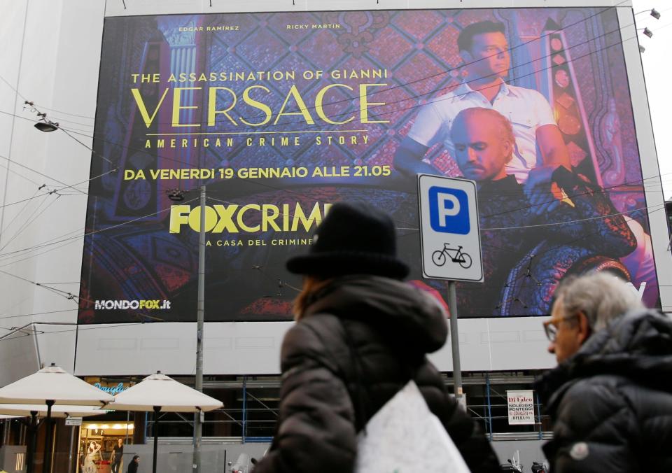 Giant poster advertising the 'The Assassination of Gianni Versace: American Crime Story' in Milan, Italy, Jan. 8, 2018, home base for Versace and his family.