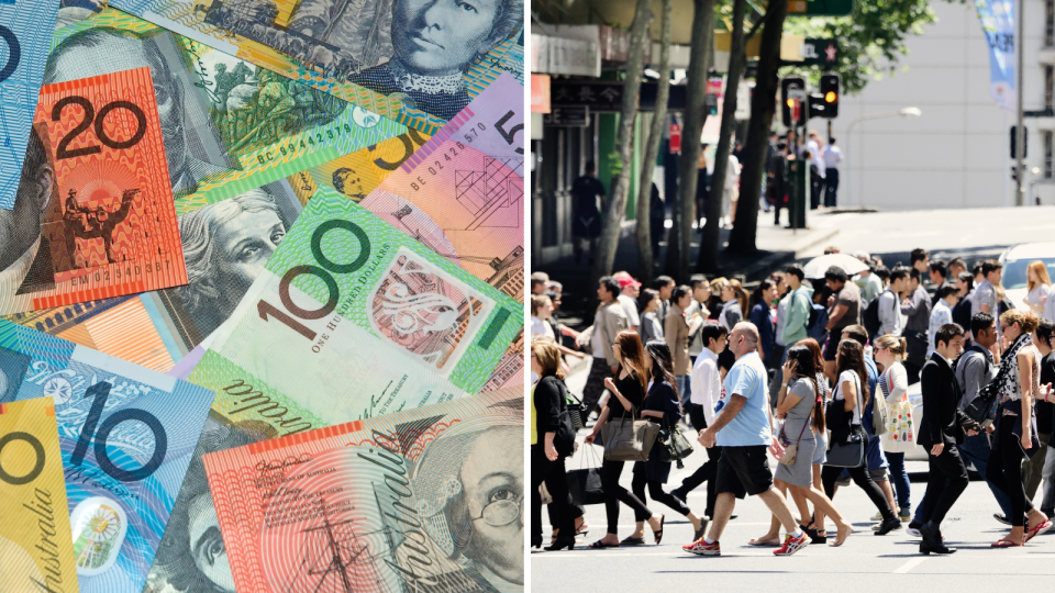 Australian money and people walking 