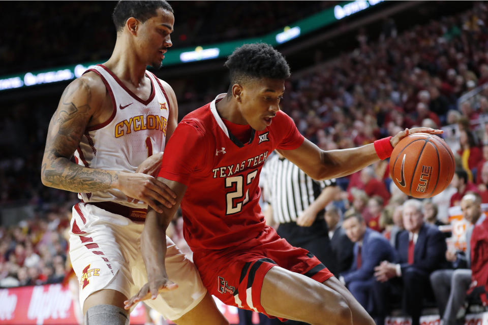 Texas Tech guard Jarrett Culver drives past Iowa State guard Nick Weiler-Babb, left, during the first half of an NCAA college basketball game, Saturday, March 9, 2019, in Ames, Iowa. (AP Photo/Charlie Neibergall)