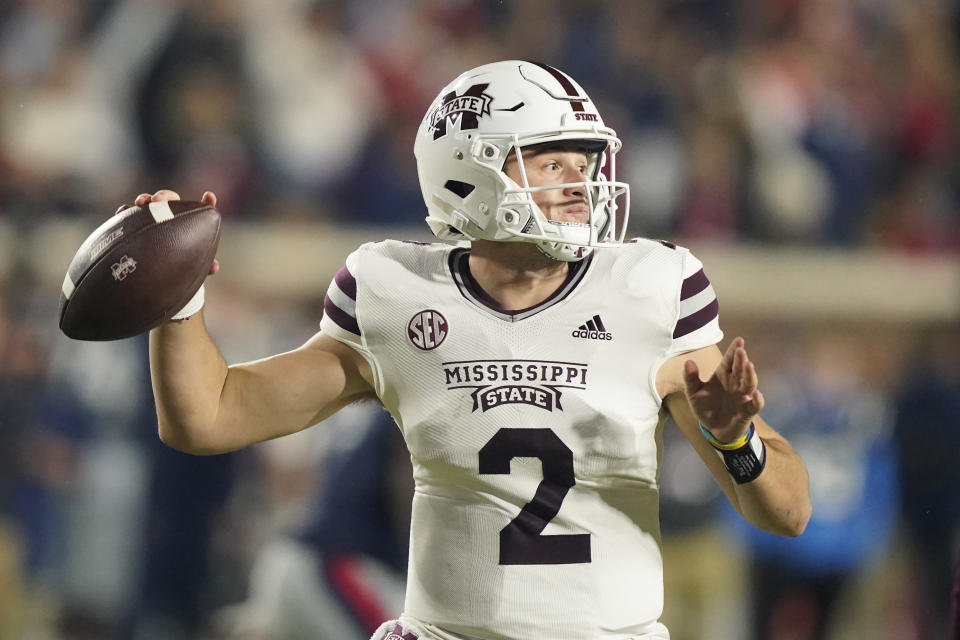 Mississippi State quarterback Will Rogers (2) passes against Mississippi during the first half of an NCAA college football game in Oxford, Miss., Thursday, Nov. 24, 2022. (AP Photo/Rogelio V. Solis)