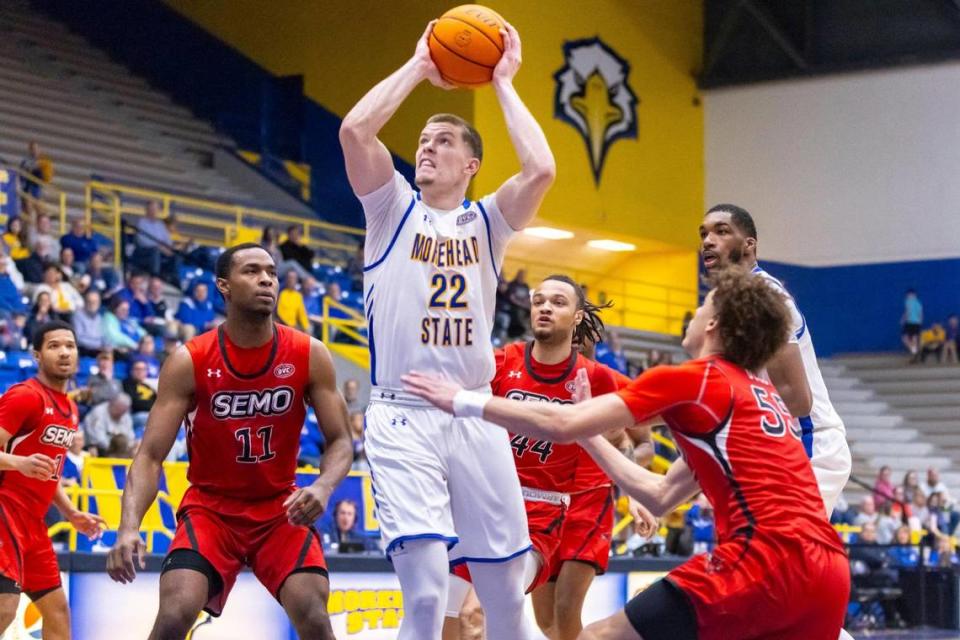 Morehead State Eagles men’s basketball foreard Riley Minix (22) shoots the ball during a game against the Southeast Missouri State Redhawks at Johnson Arena in Morehead, Ky., on Thursday, Feb. 29, 2024. Minix is a leading candidate to be named Ohio Valley Conference Player of the Year this season.