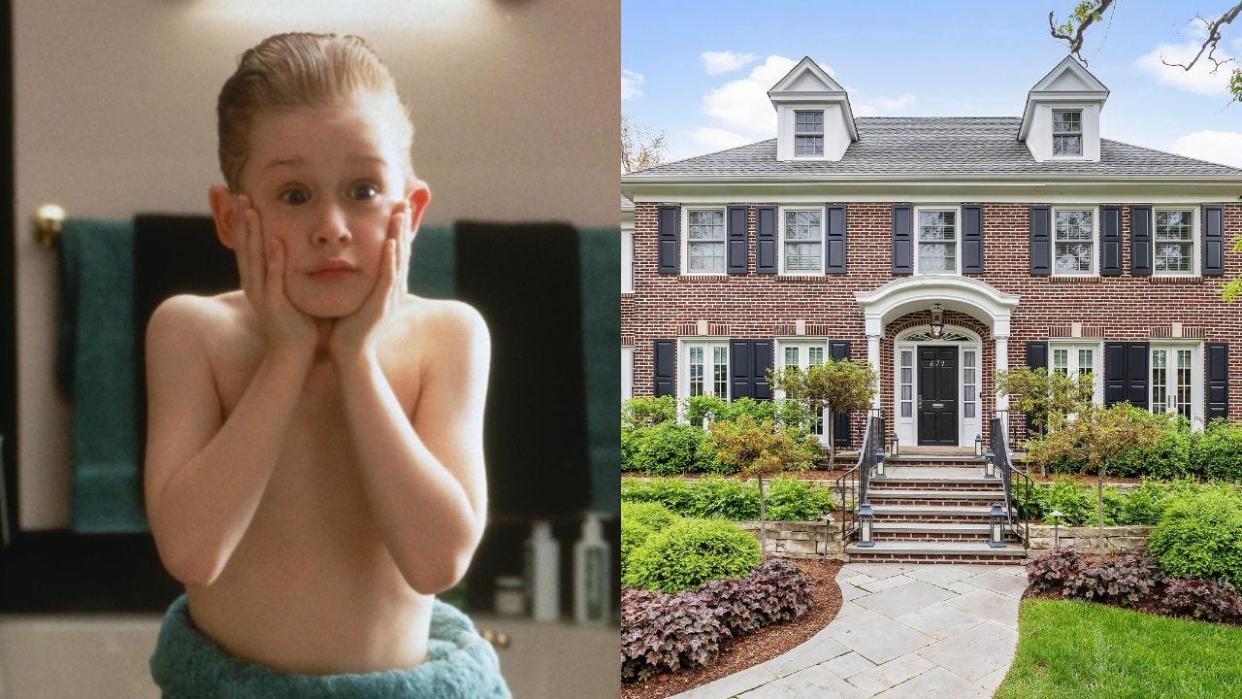 A still from "Home Alone" featuring Macaulay Culkin (left), and the front of a house (right)