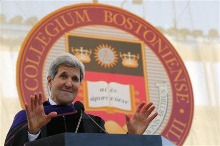 U.S. Secretary of State John Kerry delivers the Commencement Address after receiving an honorary Doctor of Laws degree during Commencement Exercises at Boston College in Boston, Massachusetts May 19, 2014. REUTERS/Brian Snyder