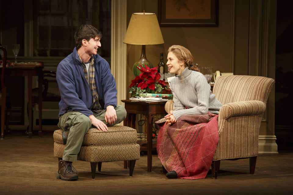 This theater publicity image released by Boneau/Bryan-Brown shows Jake Silbermann, left, and Jessica Hecht in a scene from "The Assembled Parties, playing at the Samuel J. Friedman Theatre in New York. (AP Photo/Boneau/Bryan-Brown, Joan Marcus)