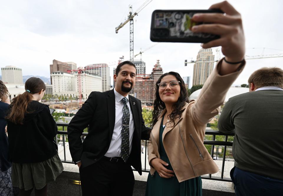 Aaron Robles and his sister Valeria Robles do a photo after the Saturday afternoon session of the 193rd Semiannual General Conference of The Church of Jesus Christ of Latter-day Saints at the Conference Center in Salt Lake City on Saturday, Sept. 30, 2023. | Scott G Winterton, Deseret News