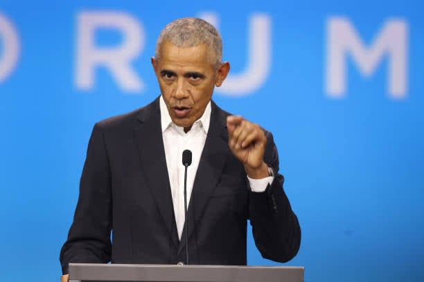 Former president Barack Obama speaks to attendees at the Obama Foundation Democracy Forum on 3 November 2023 in Chicago, Illinois (Getty Images)