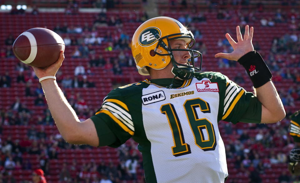 Edmonton Eskimos' quarterback Matt Nichols throws the ball during first half CFL pre-season football action against the Calgary Stampeders in Calgary, Alta., Friday, June 15, 2012. THE CANADIAN PRESS/Jeff McIntosh