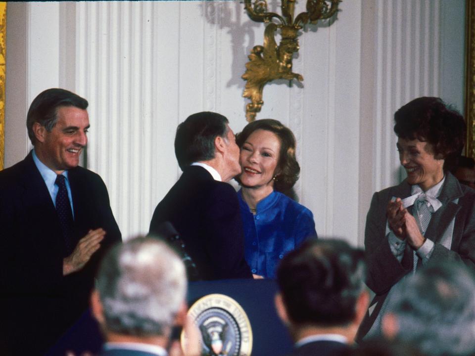 President Carter gives Rosalynn a kiss on the cheek after announcing his run for reelection in 1979.