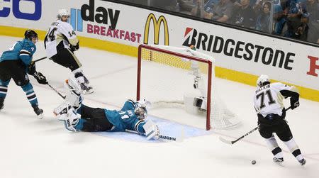 Pittsburgh Penguins center Evgeni Malkin (71) cannot get a shot off against San Jose Sharks goalie Martin Jones (31) in the second period of game six of the 2016 Stanley Cup Final at SAP Center at San Jose. Mandatory Credit: John Hefti-USA TODAY Sports