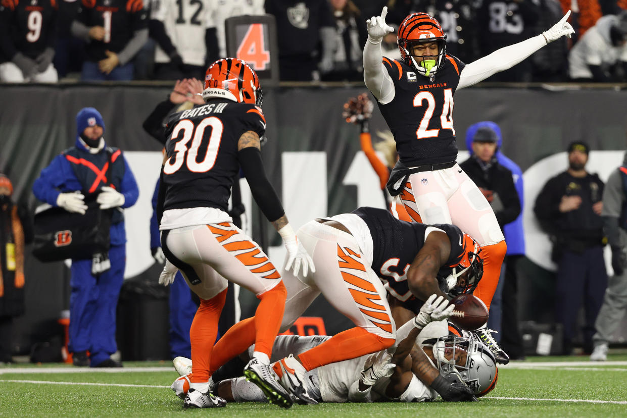 The Bengals beat the Raiders thanks to Germaine Pratt's game-sealing interception, their first playoff win since the 1991 season. (Photo by Dylan Buell/Getty Images)