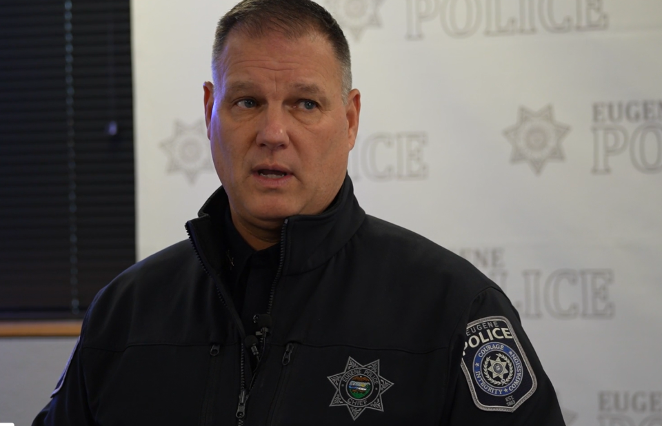 Eugene Police Chief Chris Skinner talks Friday during a press conference about an overnight shootout.