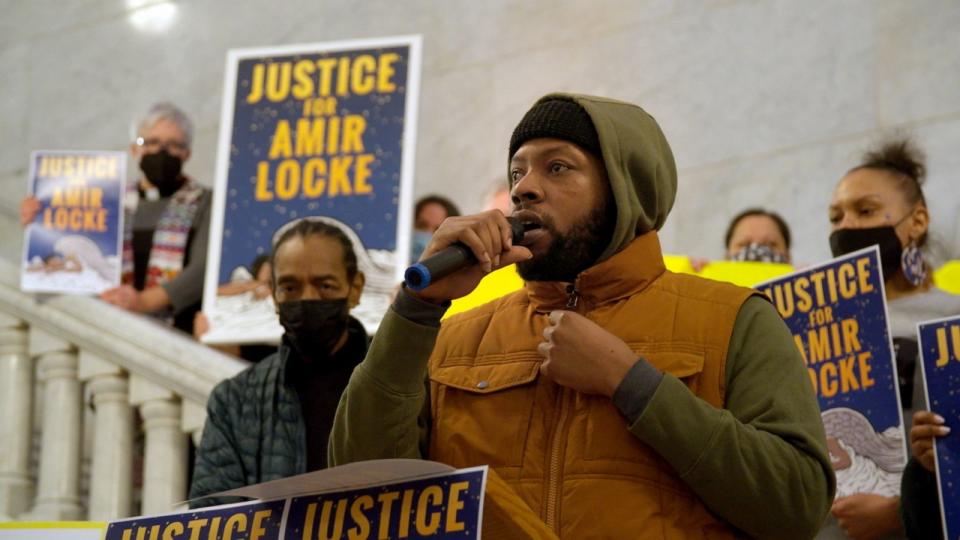 PHOTO: Community organizer Rod Adams speaks among a crowd of protesters gathered at Minneapolis City Hall. (Firelight Films/ABC News Studios)