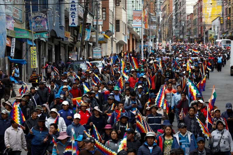 Supporters of former Bolivian President Evo Morales take part in a protest, in La Paz