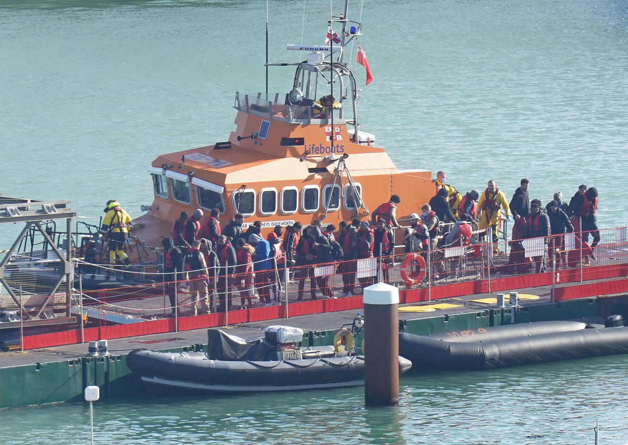 A group of people thought to be migrants are brought in to Dover, Kent, onboard the Ramsgate Lifeboat following a small boat incident in the Channel. Picture date: Thursday October 27, 2022. (Photo by Gareth Fuller/PA Images via Getty Images)