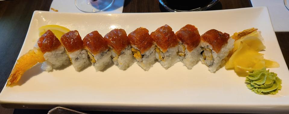 Dusk's spicy shrimp tempura roll, usually $24, was customized with a tuna topping for an extra $6.