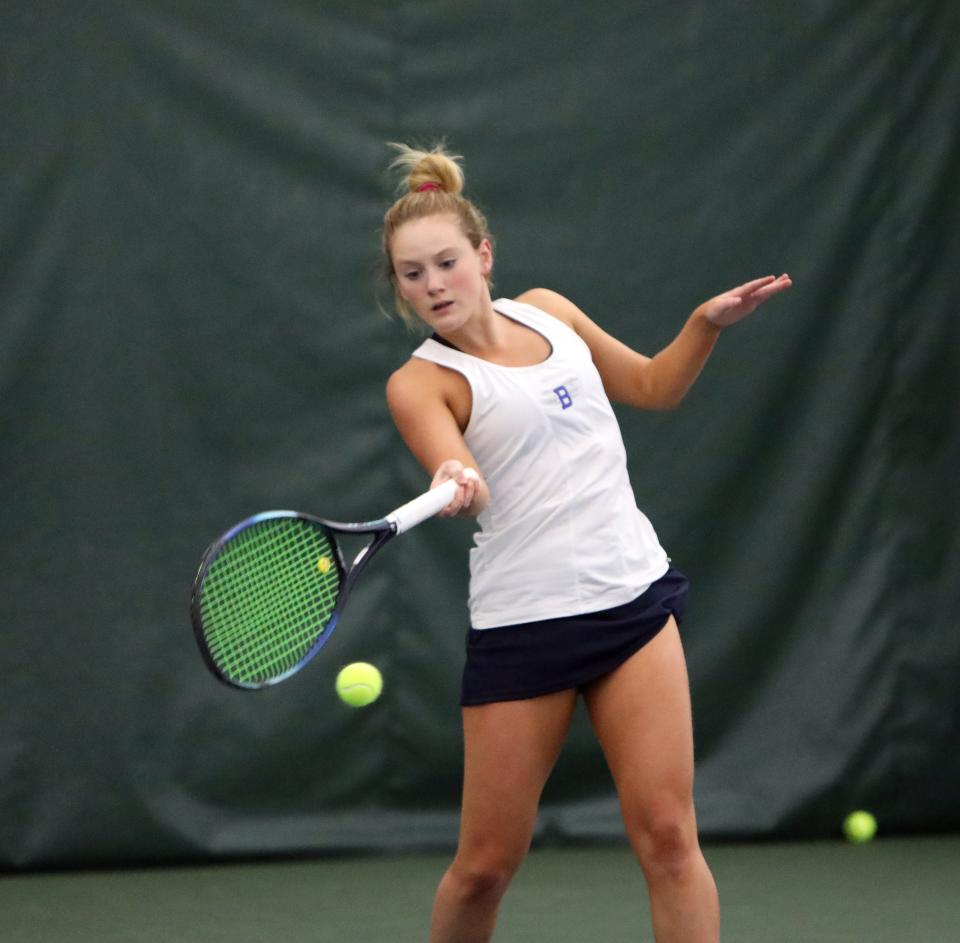 Bronxville's Victoria McEnroe competes in the first singles against Elena Sung of Spackenkill (Section 9) in the Division 2 regional finals at New Rochelle Racquet Club in New Rochelle Oct. 27, 2023.