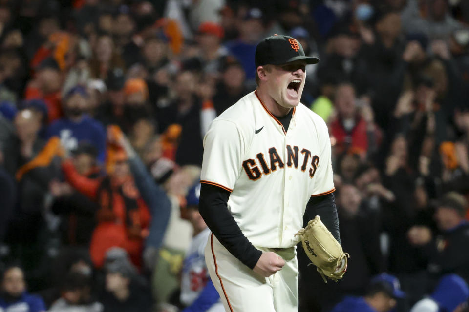 San Francisco, CA - October 08: San Francisco Giants starting pitcher Logan Webb reacts after striking out Los Angeles Dodgers' Cody Bellinger during the seventh inning at Oracle Park on Friday, Oct. 8, 2021 in San Francisco, CA. (Robert Gauthier / Los Angeles Times via Getty Images)