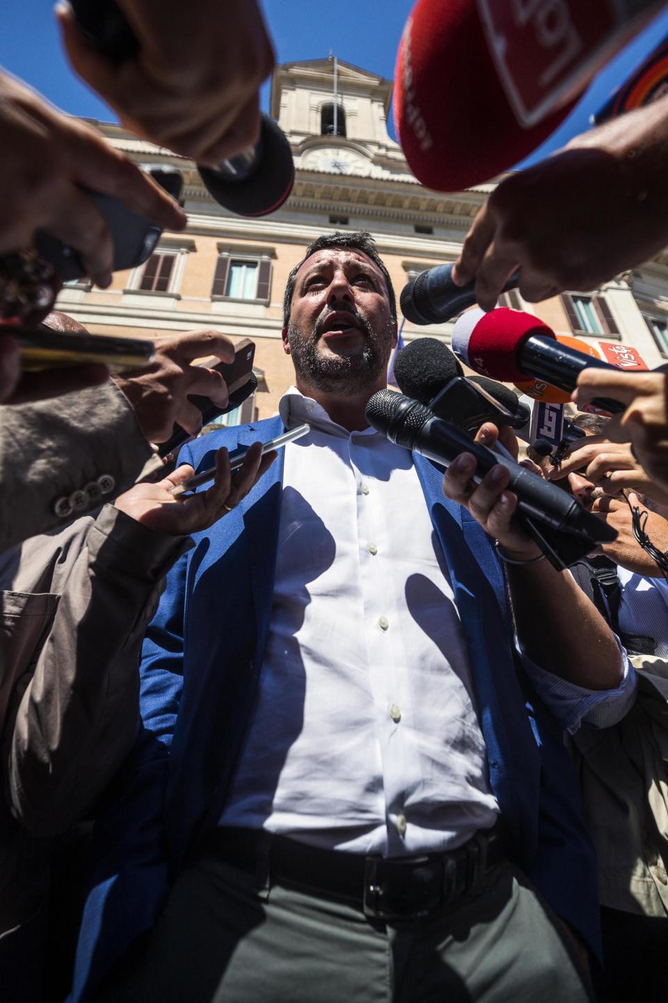 Italian Deputy-Premier and Interior Minister, Matteo Salvini, talks to media in Rome, Wednesday, Aug. 21, 2019. Italy could see elections as early as this fall after Italian Premier Giuseppe Conte resigned amid the collapse of the 14-month-old populist government. Matteo Salvini's right-wing League party sought a no-confidence vote against Conte earlier this month, a stunningly bold move for the government's junior coalition partner. (Angelo Carconi/ANSA via AP)